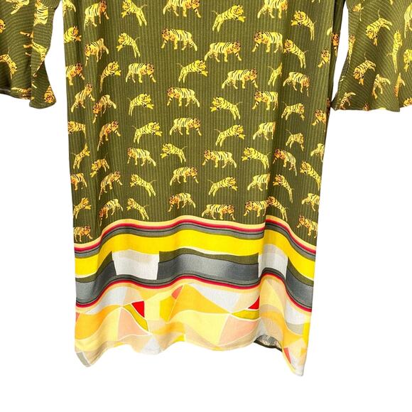 Anthropologie Conditions Apply Olive Green Tiger Print Ruffle Sleeve Dress - Picture 10 of 15